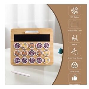 Bamboo K Cup Holder Organizer w/ Chalkboard Coffee Pod Storage Rack Countertop